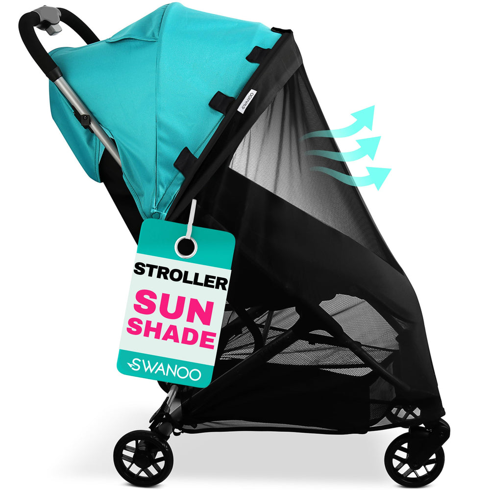 Swanoo stroller sun shade cover on a stroller providing sun protection.