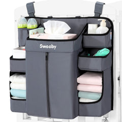 Sweeby diaper organizer on changing-table-setup keeps diapers and wipes within easy reach during changes