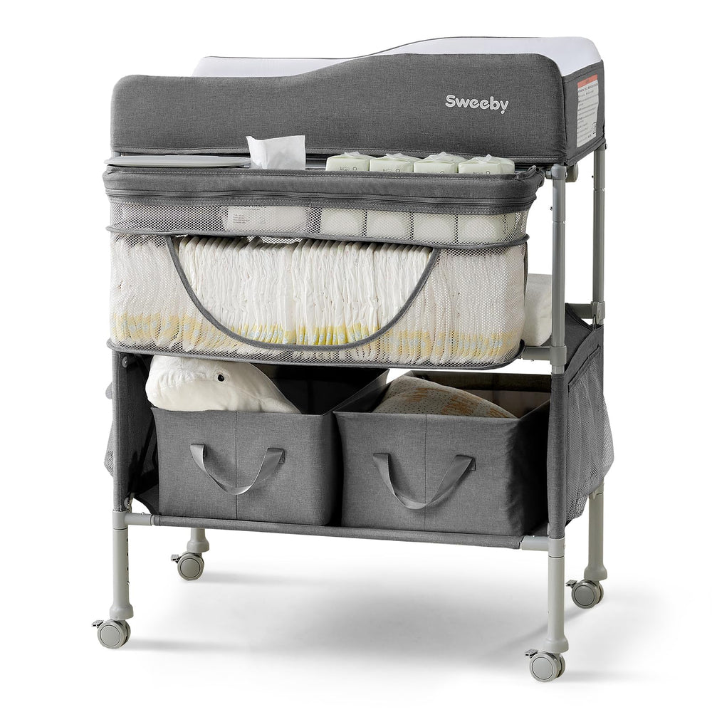 Sweeby portable changing table folded for compact storage and mobility.