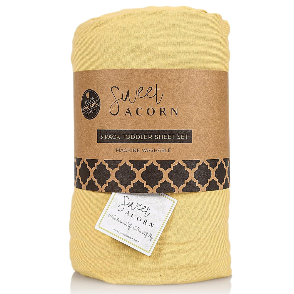 Sweet Acorn 3-piece butter-yellow packshot, cozy toddler bedding for easy bedtime routines.