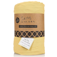 Sweet Acorn 3-piece butter-yellow packshot, cozy toddler bedding for easy bedtime routines.