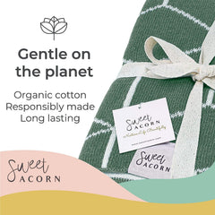 Sweet Acorn blanket in stockinette stitch for even wrap and gentle stretch.