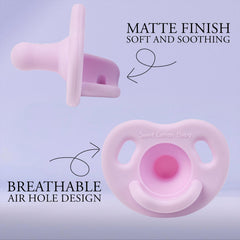 Sweet Cotton Baby pacifier 0-36 months size range illustrates growth and soothing needs.