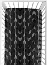 Sweet Jojo Designs black-white woodland arrow crib sheet closeup shows soft brushed microfiber for cozy naps