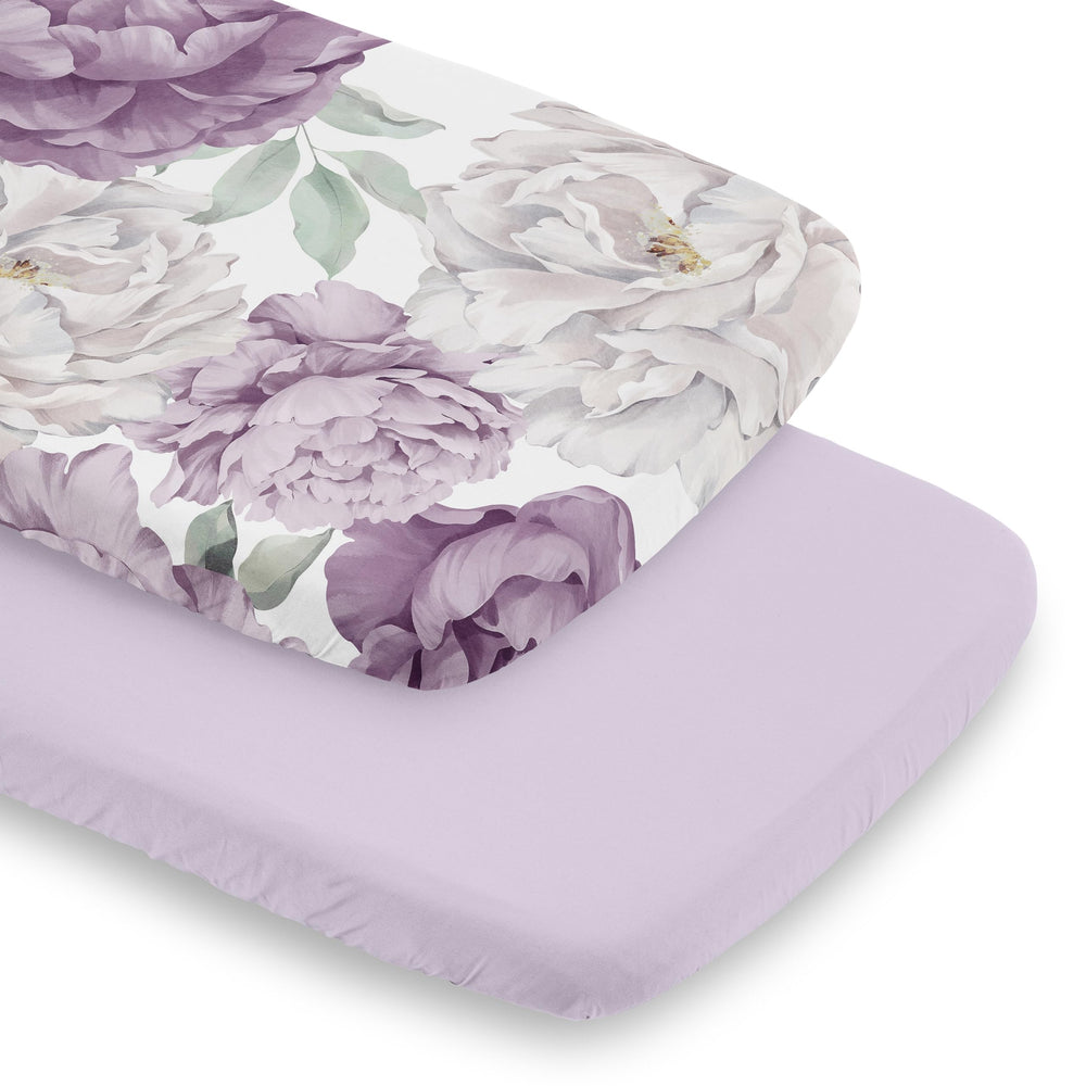 Sweet Jojo Designs boho purple floral bassinet sheets close-up showing pattern for stylish nursery