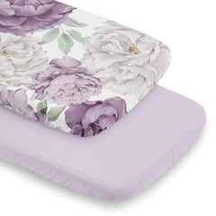 Sweet Jojo Designs boho purple floral bassinet sheets close-up showing pattern for stylish nursery