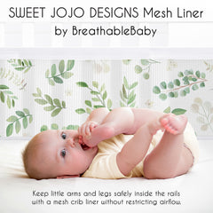 Sweet Jojo Designs mesh crib liner in watercolor greens supports tidy, coordinated nursery aesthetics.