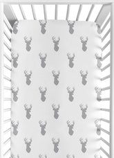 Sweet Jojo Designs woodland deer grey crib sheet with snug fit for standard cribs.