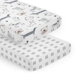 Sweet Jojo Designs crib sheets Puppy Dogs 2-Piece Set hero with playful prints for a soothing nursery.