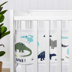 Sweet Jojo Designs dinosaur prints on dynamic liner boost visual interest while blocking gaps.