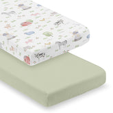Sweet Jojo Designs farm animals crib sheets in sage offer breathable comfort.