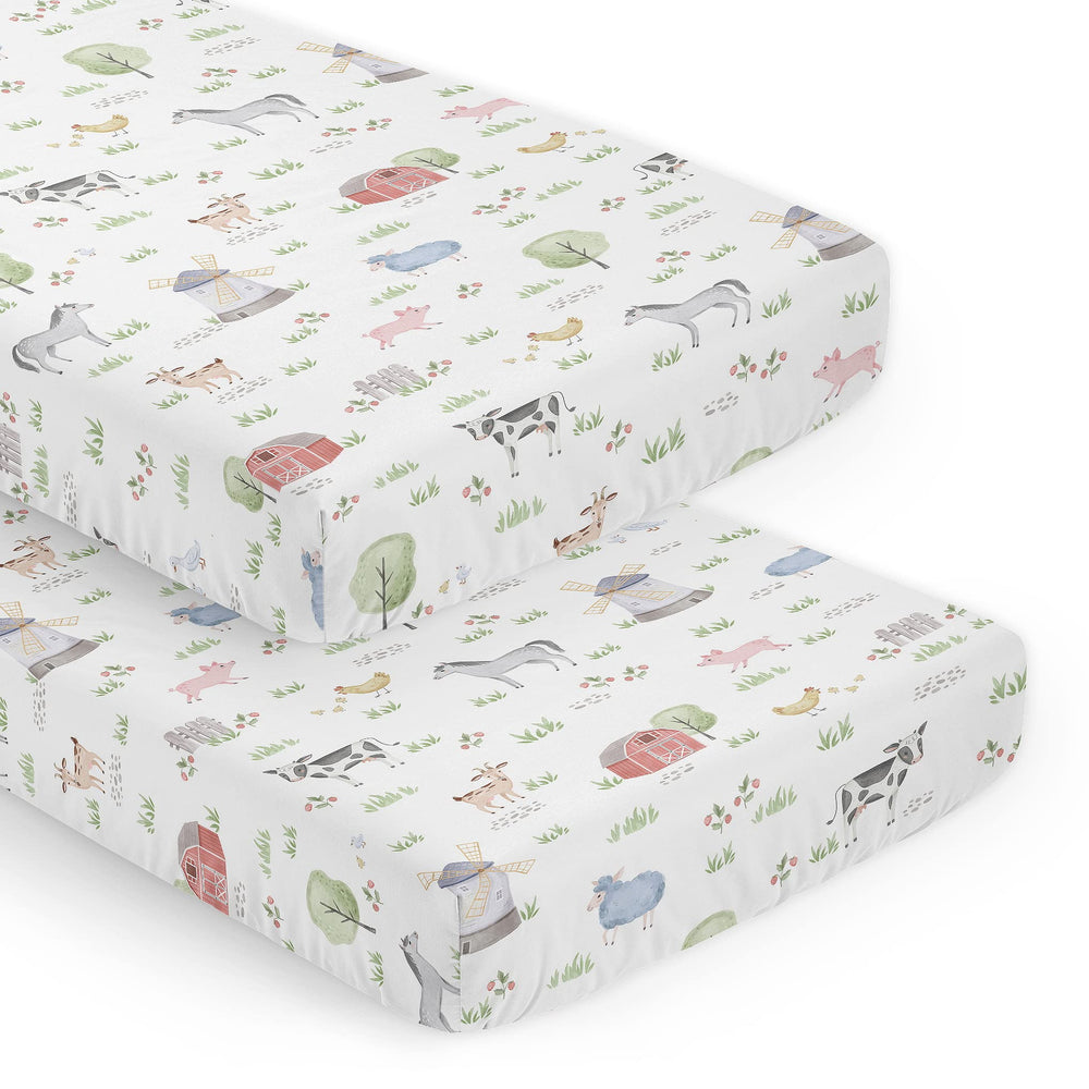 Sweet Jojo Designs farm animals crib sheets set featuring watercolor print for a cozy nursery look