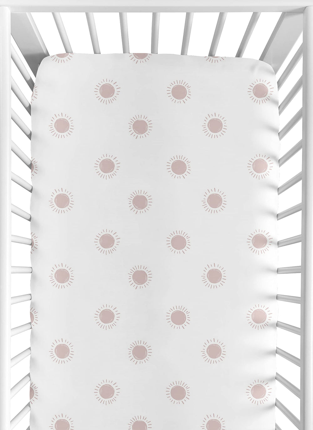 Sweet Jojo Designs fitted crib sheet boho sun pattern provides secure crib fit.
