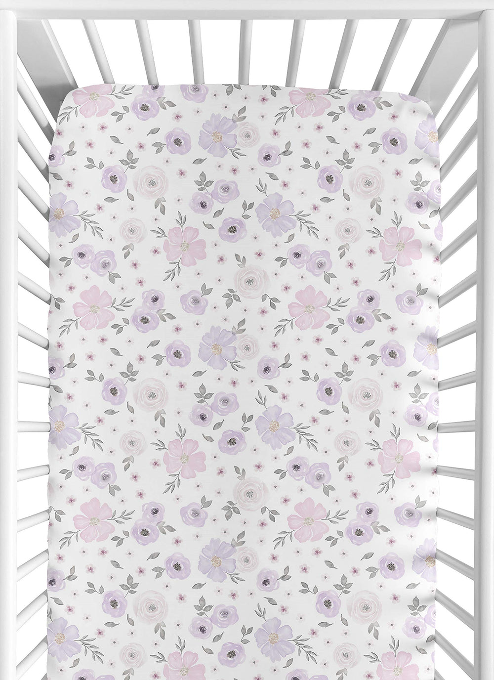 Sweet Jojo Designs fitted crib sheet in purple-grey boho floral for gentle sleep.