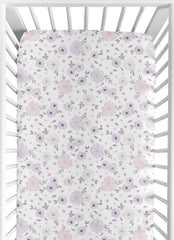 Sweet Jojo Designs fitted crib sheet in purple-grey boho floral for gentle sleep.