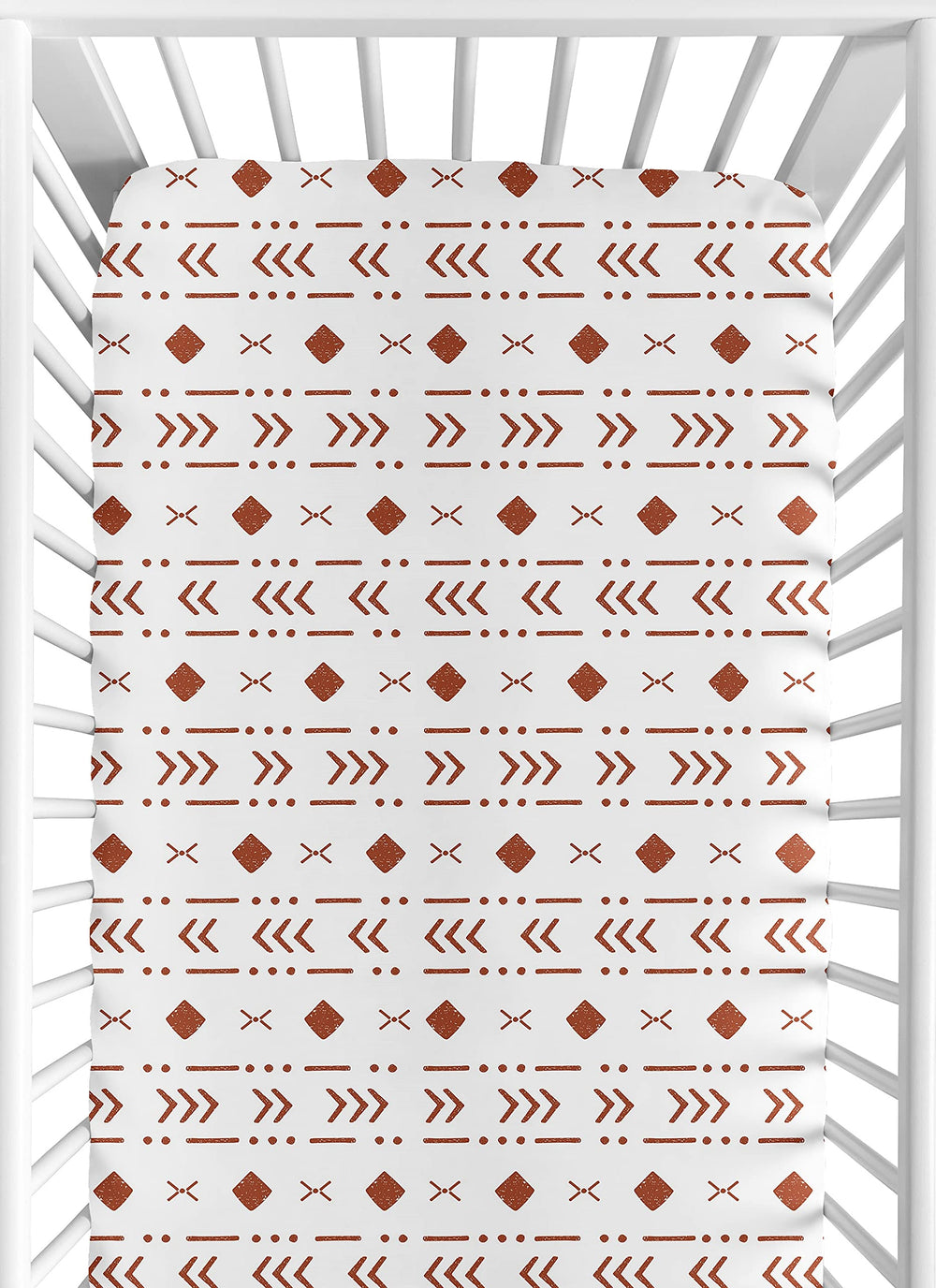Sweet Jojo Designs fitted crib sheet white-orange woodland close-up showing snug, secure fit.