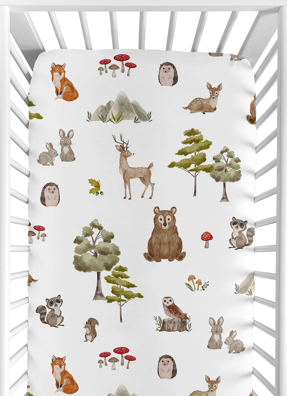 Sweet Jojo Designs forest animals fitted sheet featuring woodland print for a cozy, breathable infant sleep space.
