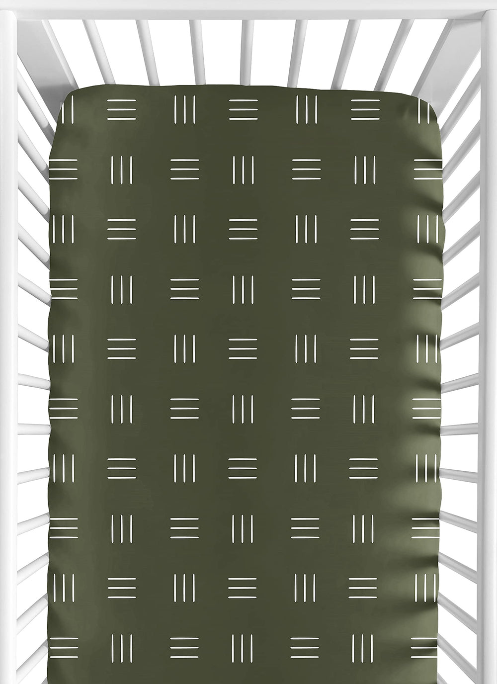 Sweet Jojo Designs green-white boho mudcloth fitted sheet closeup, soft fabric for gentle skin comfort.