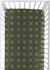 Sweet Jojo Designs green-white boho mudcloth fitted sheet closeup, soft fabric for gentle skin comfort.