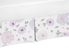 Sweet Jojo Designs lavender crib skirt shows watercolor rose flower pattern for coordinating nursery decor