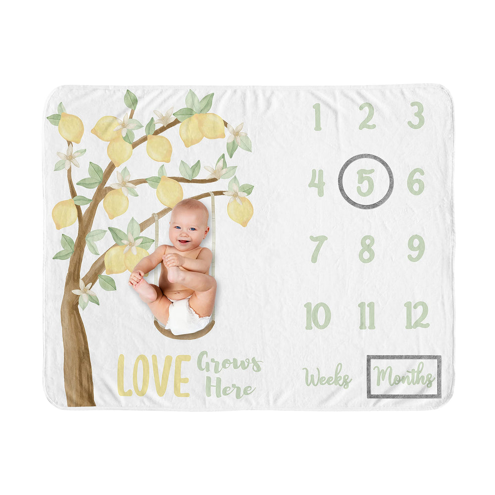 Sweet Jojo Designs lemon floral milestone blanket setup for adorable milestone photos
