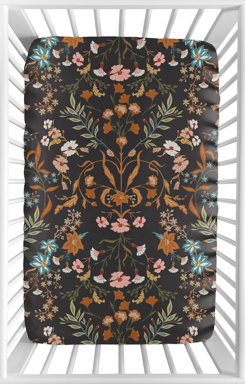 Sweet Jojo Designs mini crib sheet in black wildflower offers a snug fit for cozy sleep