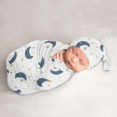 Sweet Jojo Designs Moon Star Cocoon Sleep Sack in navy and gold for newborn comfort.