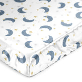 Sweet Jojo Designs Moon Star satin crib sheet close-up shows luxurious shine and gentle newborn comfort.