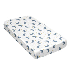 Sweet Jojo Designs Moon Star satin crib sheet navy and gold print brightens a nursery setup.