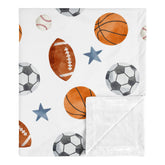 Sweet Jojo Designs sports blanket watercolor soccer balls—soft microfiber with cozy warmth for stroller trips.