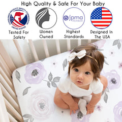 Sweet Jojo Designs USA-designed crib sheets feature soft lavender pattern for calm nursery styling.