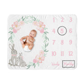 Sweet Jojo Designs woodland bunny milestone blanket closeup shows plush minky texture ideal for newborn photos.