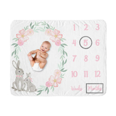 Sweet Jojo Designs woodland bunny milestone blanket closeup shows plush minky texture ideal for newborn photos.