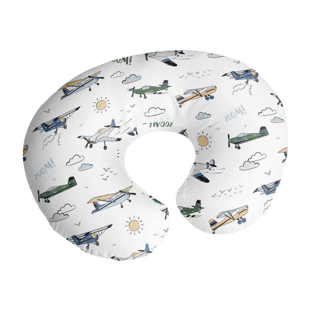 Sweet Jojo Designs nursing pillow cover front view features vintage airplane print for nursery playtime aesthetics.