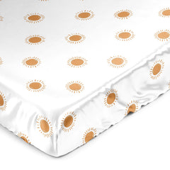 Sweet Jojo Designs orange boho sun crib sheet on satin fabric for gentle sleep