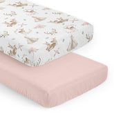 Sweet Jojo Designs woodland deer floral crib sheet pink close-up fabric texture for cozy sleep.