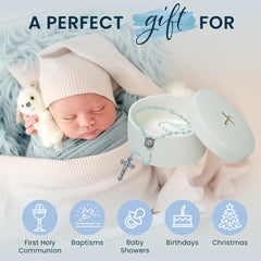 Sweet Treasures blue ceramic keepsake box securely cradles the rosary.