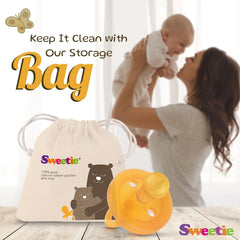 Sweetie rubber pacifier BPA-free label on packaging emphasizes chemical-free design
