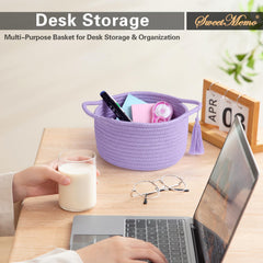 SweetMemo mini woven rope baskets with tassel enhance shelves and bathroom counters.