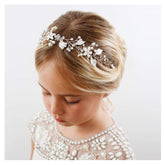 SWEETV flower girl headpiece in silver with pearls and crystals for a timeless wedding look.