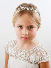 SWEETV headpiece closeup shows ivory pearls and bright crystals for delicate sparkle.