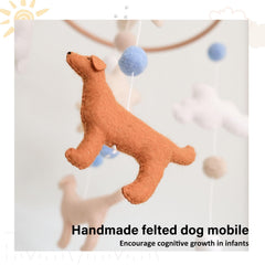 Sweety Baby dog mobile blue felt ball adds playful color for focus.