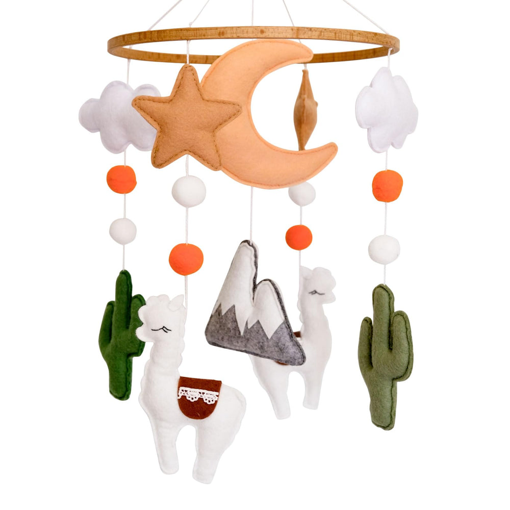 Sweety Baby llama mobile-crib with two llamas under a moon for calming visual tracking.