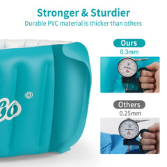 Swimbobo blue side view highlights foldable, travel-ready bath tub.
