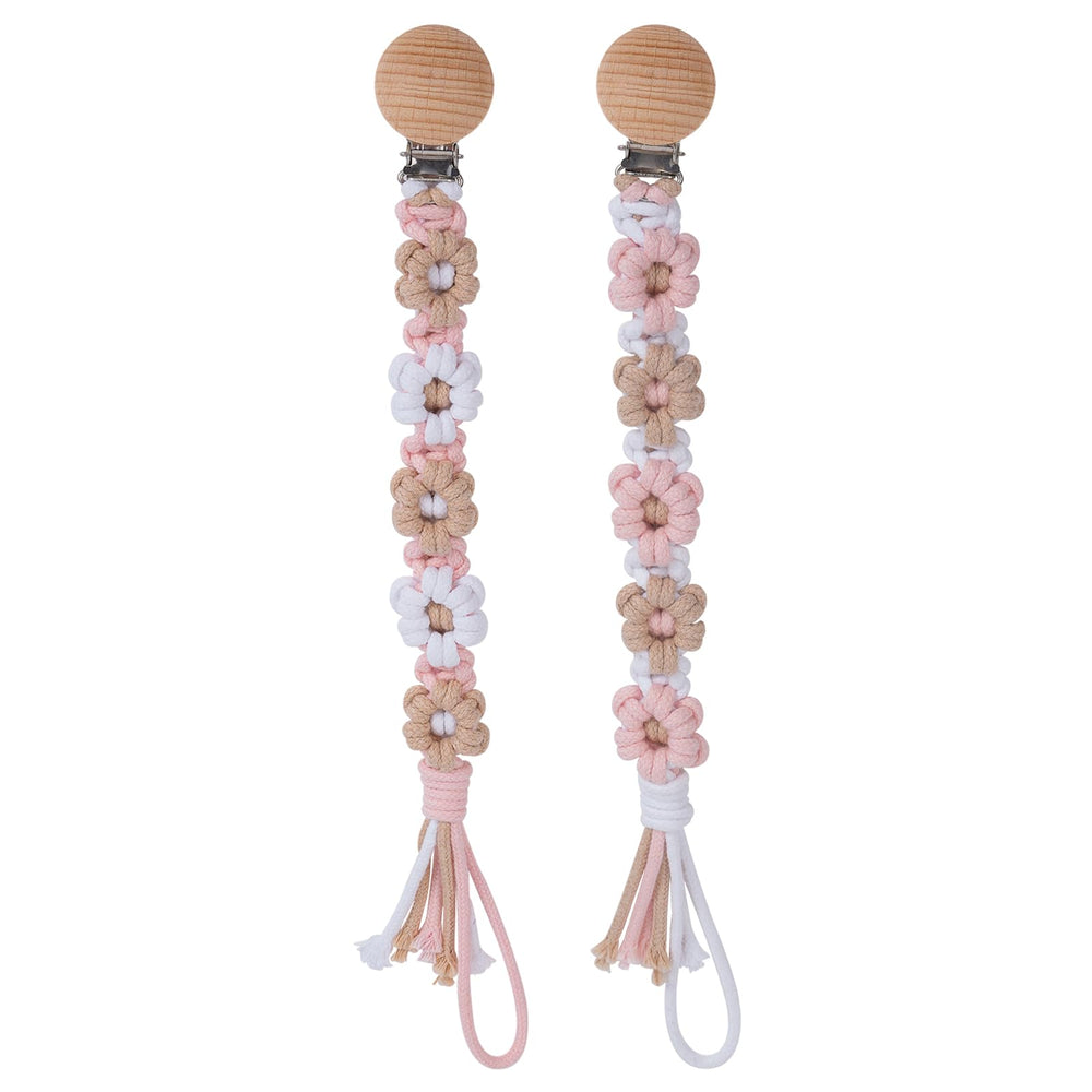 Symbolife daisy macrame clip closeup for secure pacifier on baby clothing