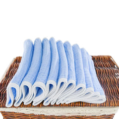 Synrroe burp cloths blue pattern draped beside bottles, versatile use as bibs and wipes.