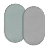 Synrroe muslin bassinet sheets green gray set on bassinet for soft breathable comfort.