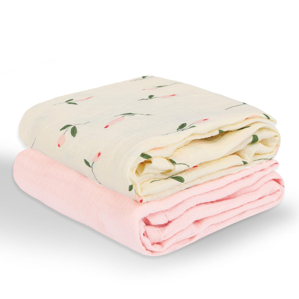 Synrroe muslin swaddle blanket 40x40 inches floral pink, front view showing soft cotton texture.