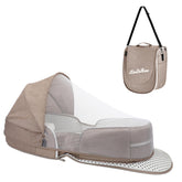 SZRUNZHU baby bassinet folded in khaki, travel-ready and space-saving