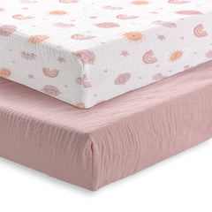 TADO MUSLIN rainbow-pattern crib sheet on mattress with 360° elastic for secure, snug fit.